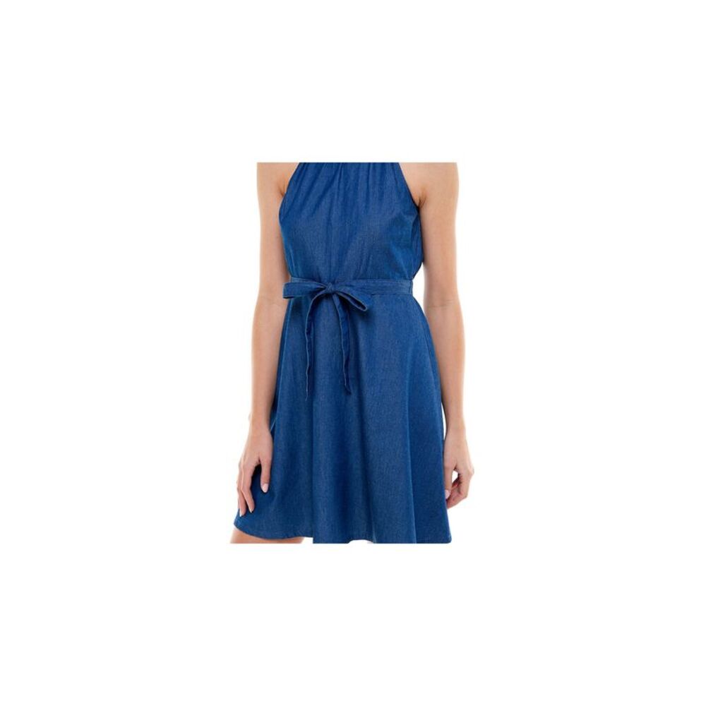 PLANET GOLD Womens Fit + Flare Short Dress Blue Denim Tie Sleeveless Juniors XXS - Picture 3 of 4